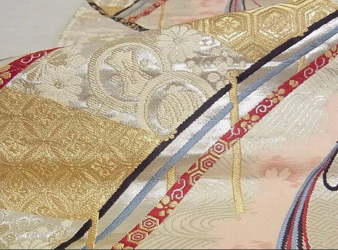 振袖 フルセット6点サイズM〜Ｌ扇子御所車鶴文　暈し染め　金糸　銀彩　正絹