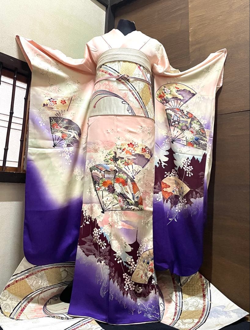 振袖 フルセット6点サイズM〜Ｌ扇子御所車鶴文　暈し染め　金糸　銀彩　正絹