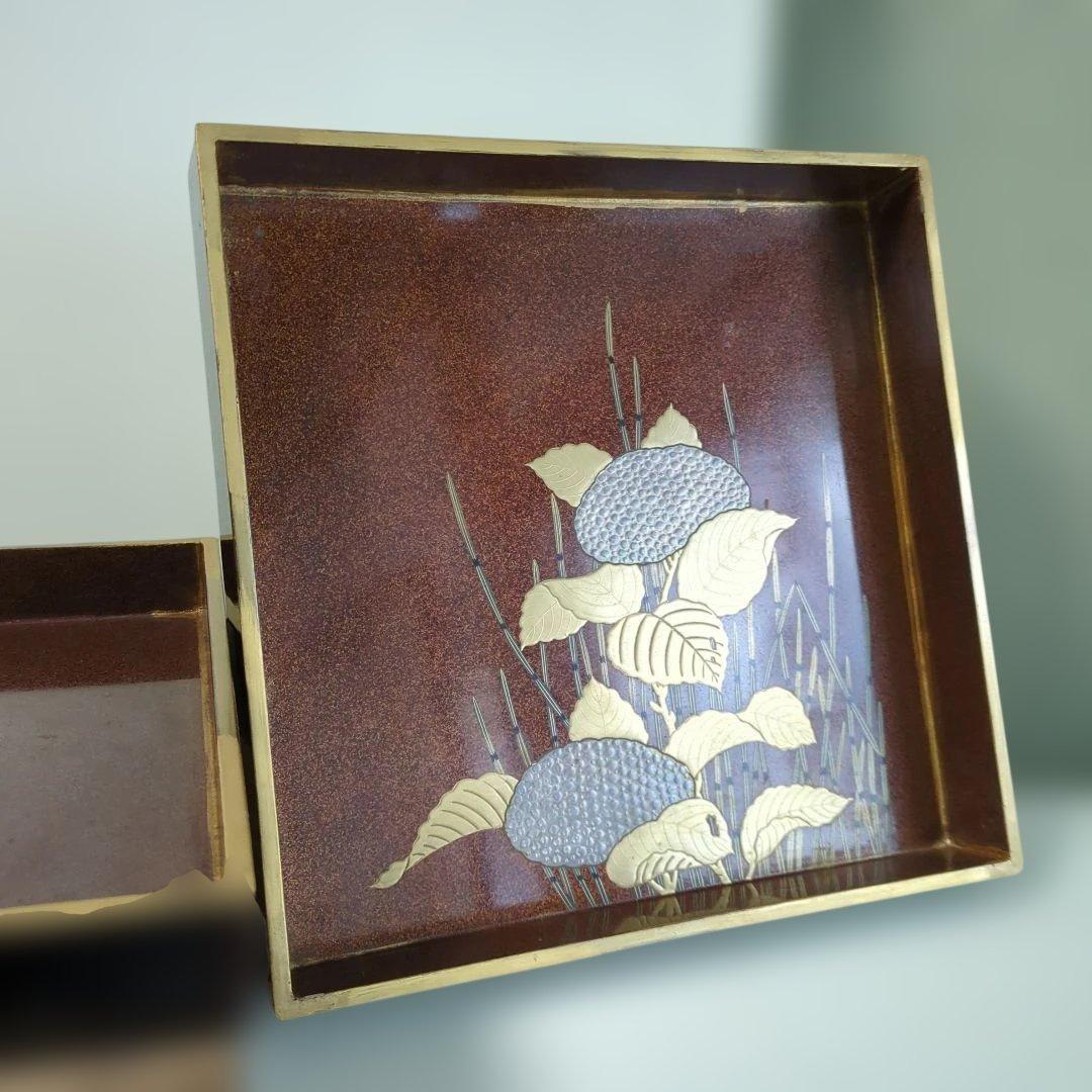 骨董　硯箱　蒔絵　紫陽花　大小　2枚組　木箱　木製　漆器