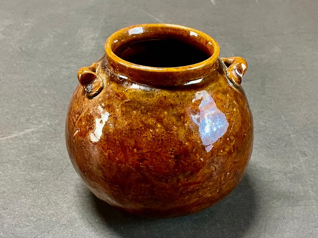 「母」 大樋焼 双耳 飴釉 古壺 時代箱 古窯 （225A③）❗️割引