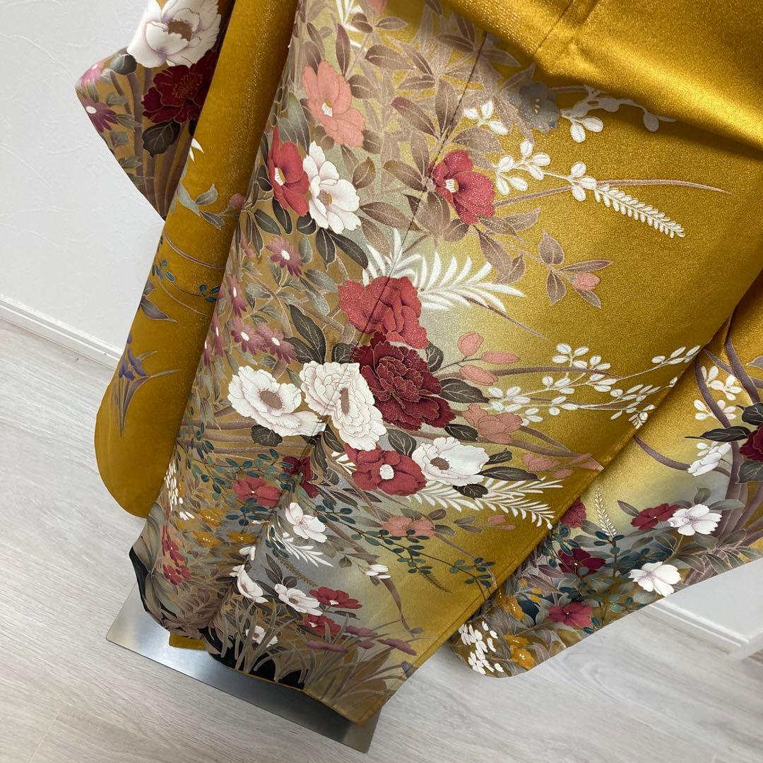 1回着用　振袖　牡丹　銀通し　大柄　トールサイズ　アースカラー