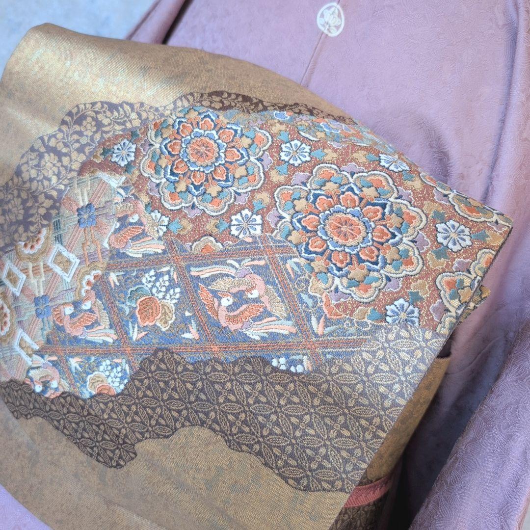 着物＋帯揚げ＋帯締め　色無地　正絹　紫ピンク　地紋　O6