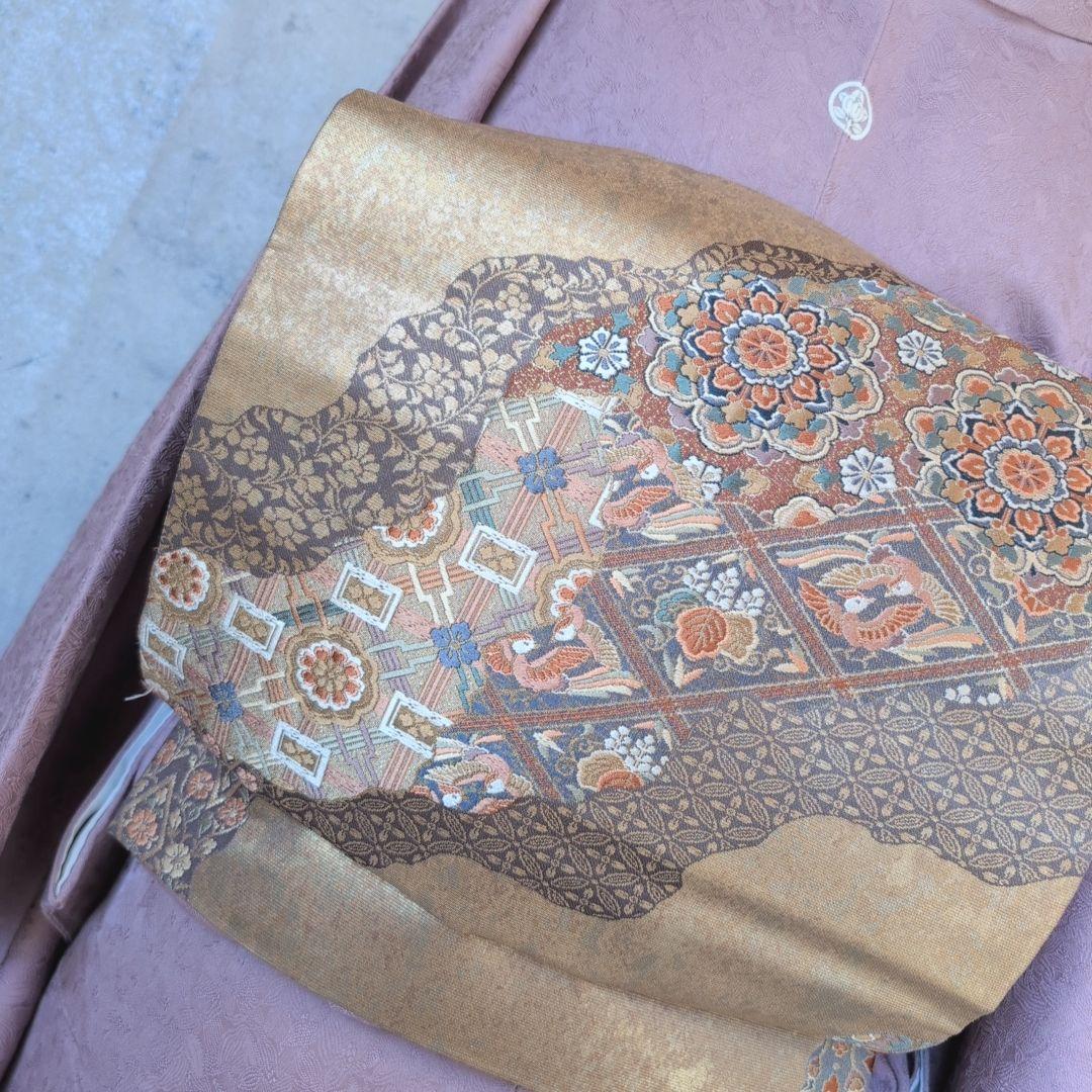 着物＋帯揚げ＋帯締め　色無地　正絹　紫ピンク　地紋　O6