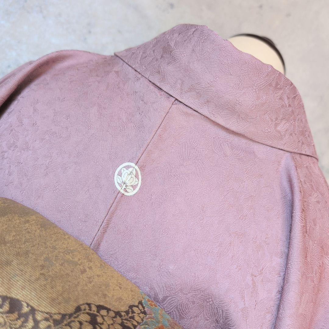 着物＋帯揚げ＋帯締め　色無地　正絹　紫ピンク　地紋　O6