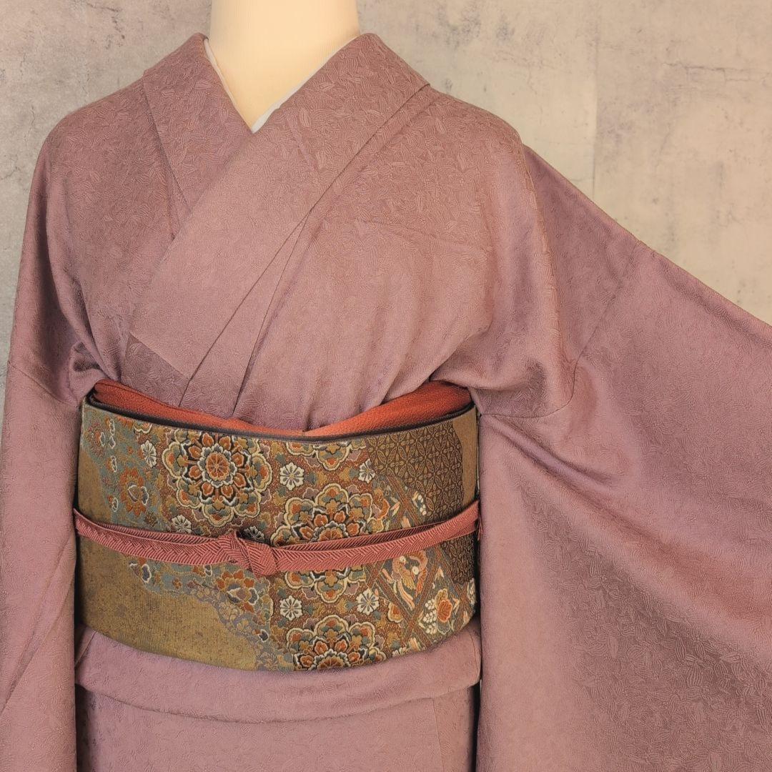 着物＋帯揚げ＋帯締め　色無地　正絹　紫ピンク　地紋　O6