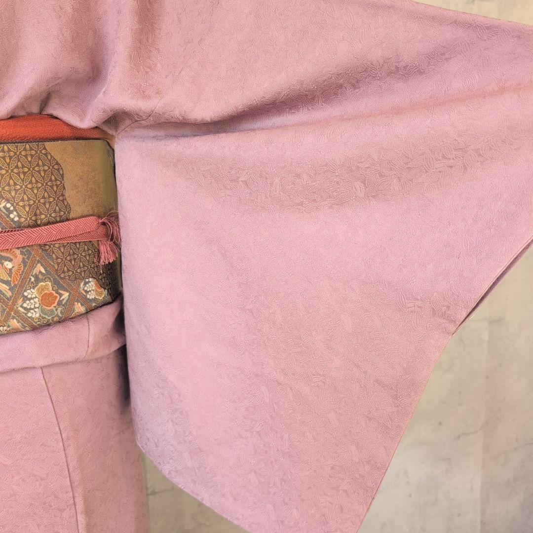 着物＋帯揚げ＋帯締め　色無地　正絹　紫ピンク　地紋　O6