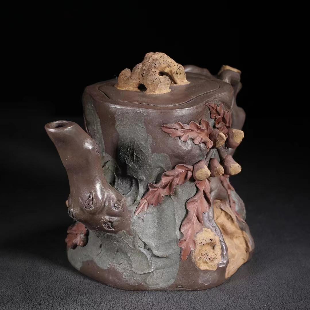 中国古美術・宜興原鉱紫泥 樹桩急須・紫砂壺・底款:蒋蓉・朱泥・急須・茶壺・茶道具