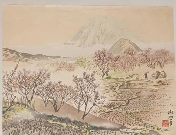 塊石版画、下曽我の梅林と富士、（富士25図の内)定石塊石画昭和6年出版