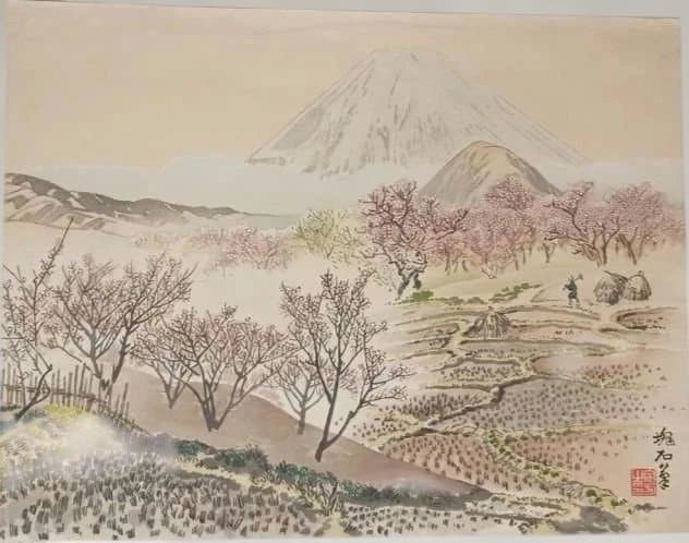 塊石版画、下曽我の梅林と富士、（富士25図の内)定石塊石画昭和6年出版