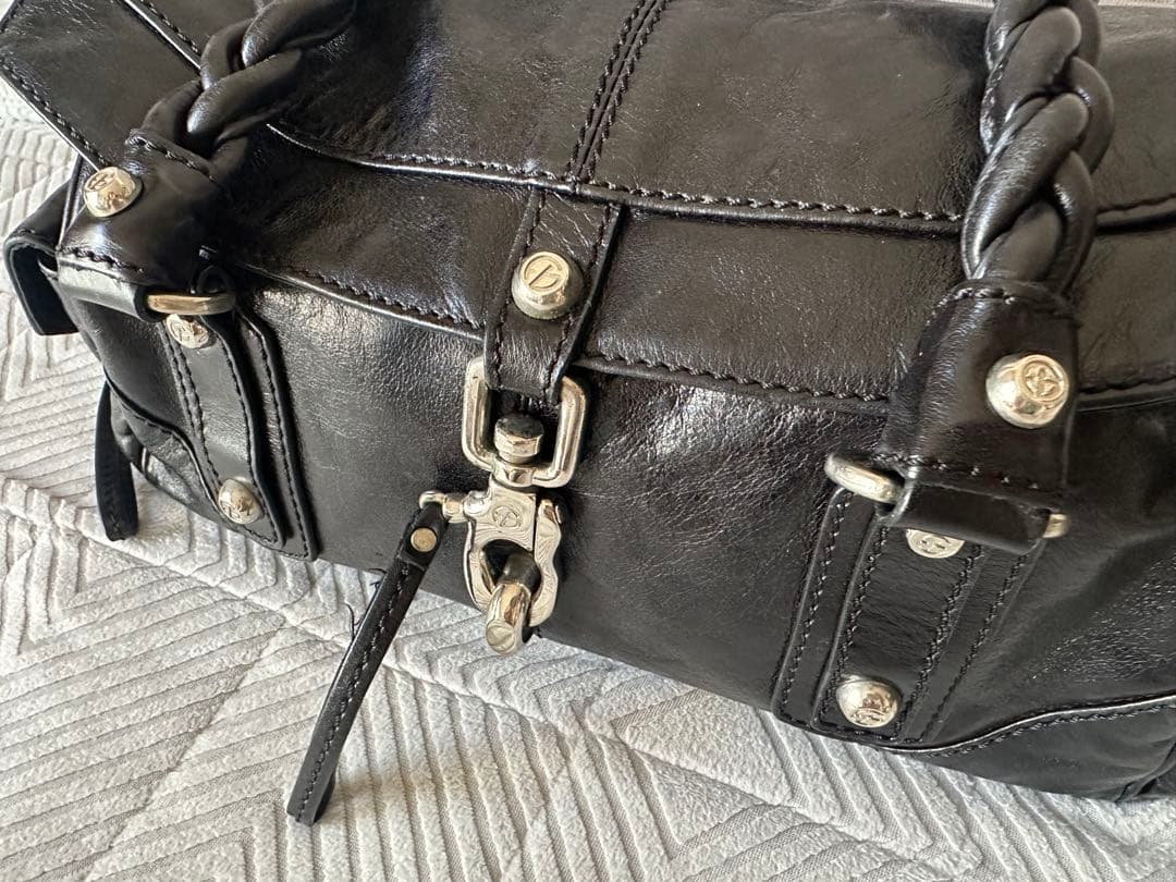 美品 フランチェスコビアジア 編み込みハンドル オールレザーバッグ 黒