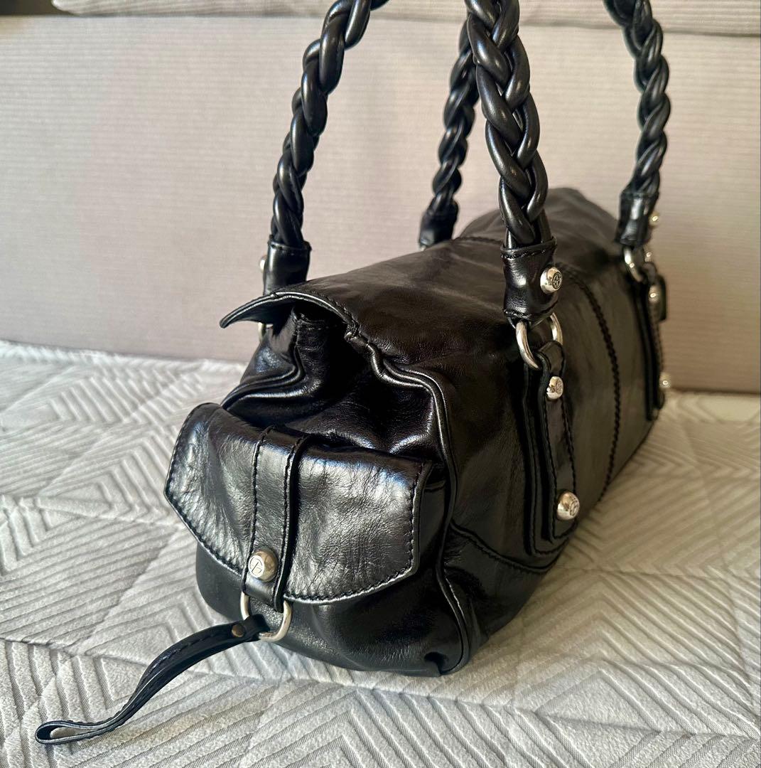 美品 フランチェスコビアジア 編み込みハンドル オールレザーバッグ 黒