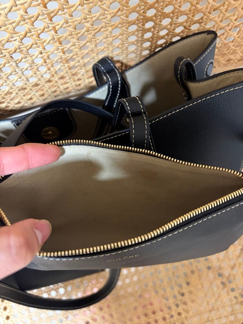 polene cyme mini ブラック テクスチャード エクリュ ステッチ