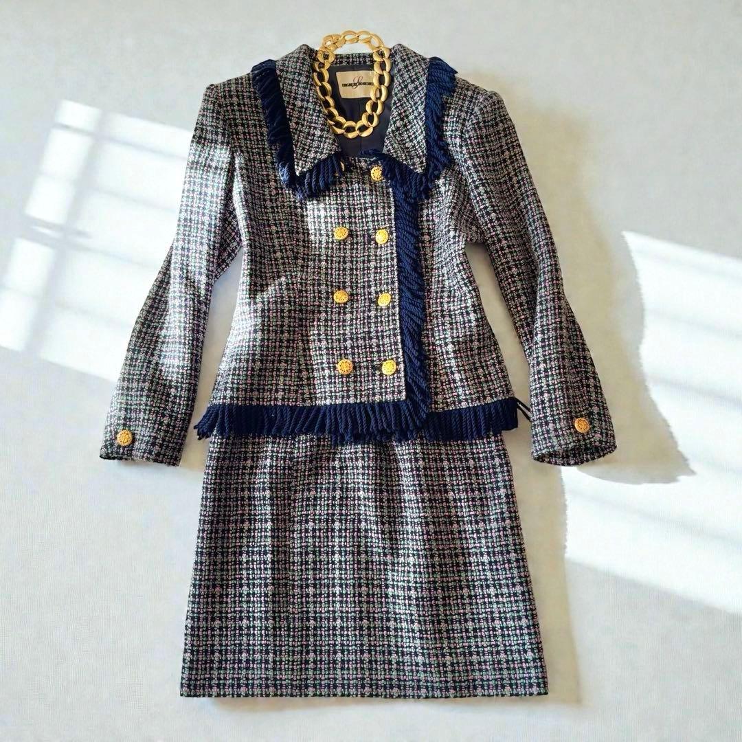 ミックスツイード　バブリースーツ　フリンジ　金ボタン　日本製