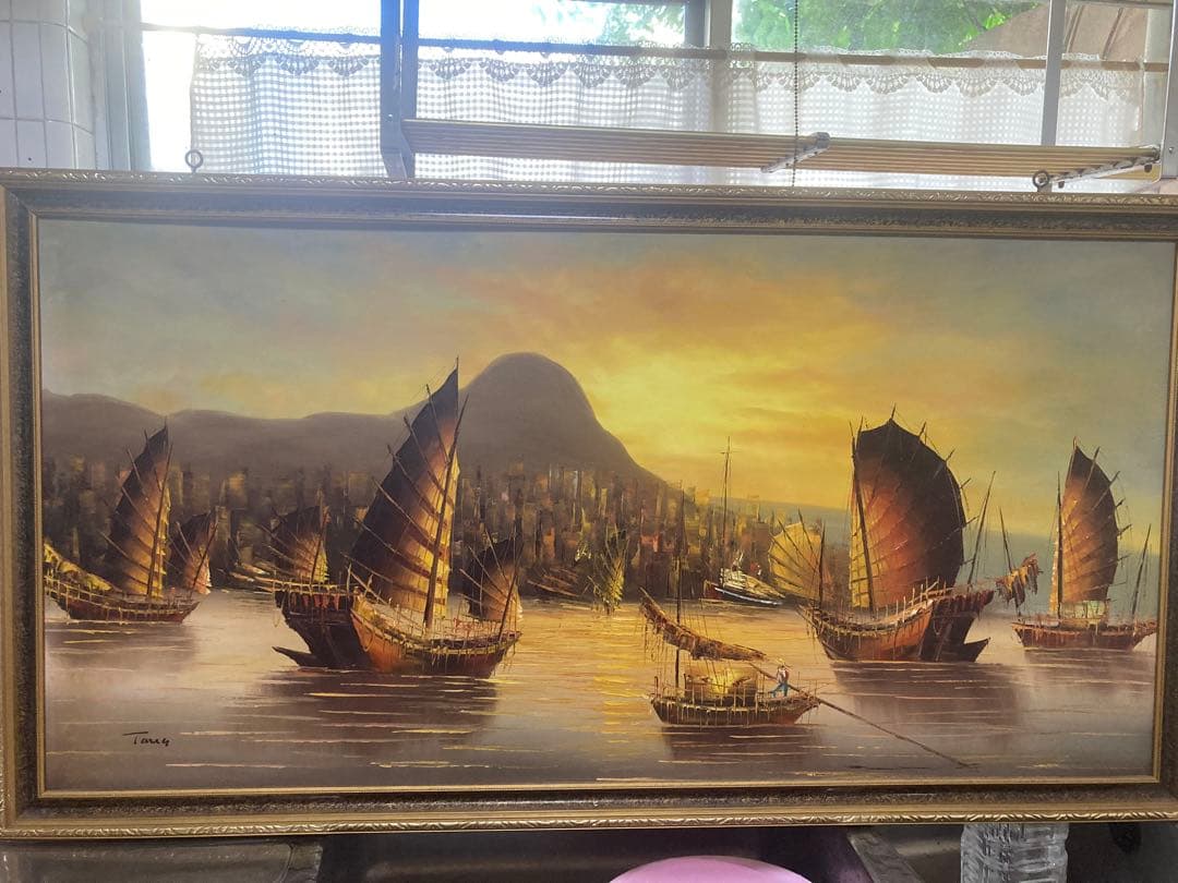 油彩画　Tuan 船と風景の絵画 フレーム付き