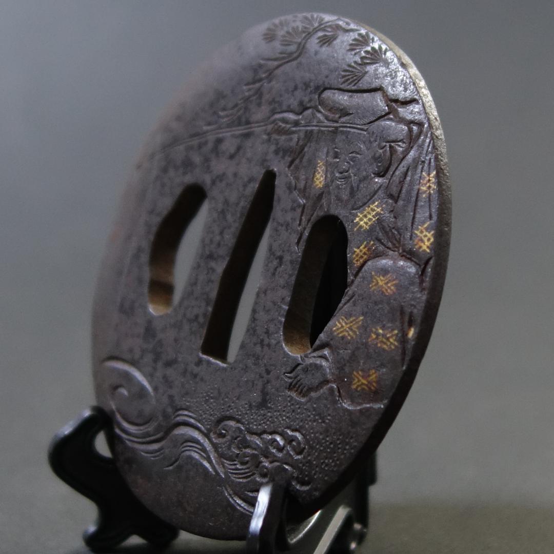 【 太公望図鍔 】 鍔 鐔 鉄地 象嵌 刀装具 武具 骨董 アンティーク