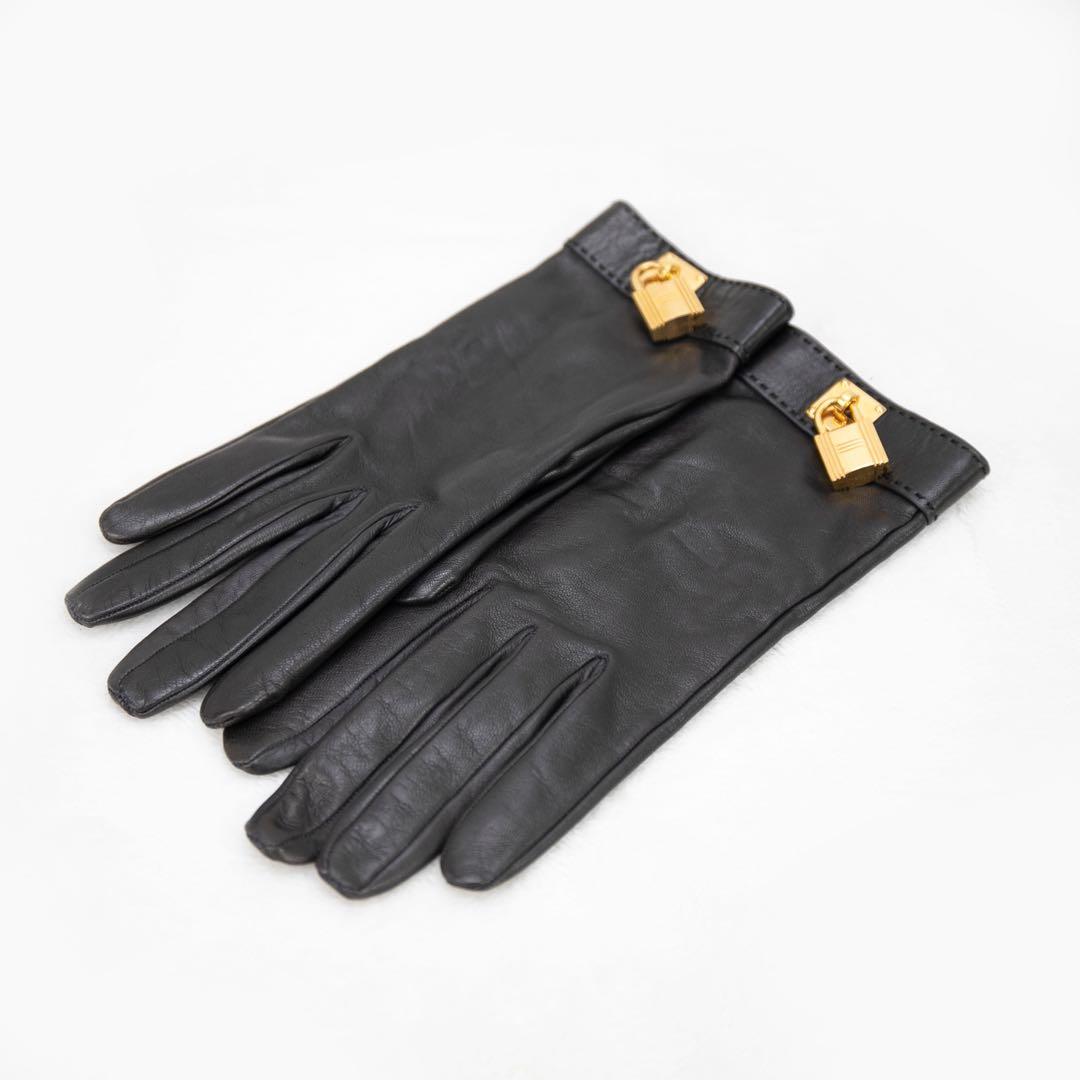 HERMES ブラックレザー手袋 ゴールド金具付き