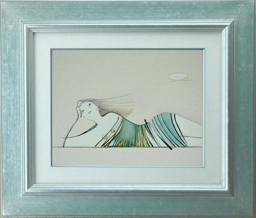 油絵 菅家令子 絵 絵画インテリア額付(青緑＋金色の枠) F3-041114女性