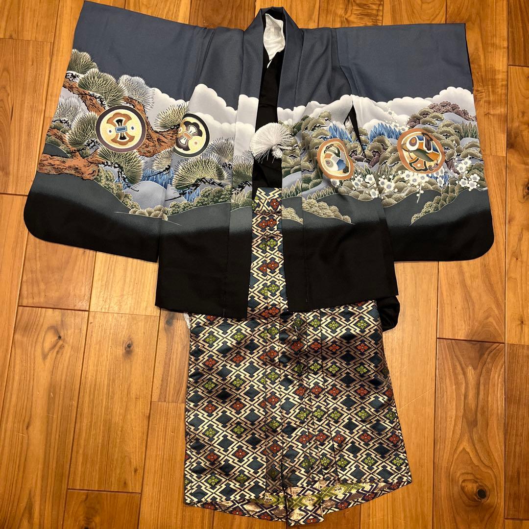 七五三セット　五歳 男児 着物&羽織&袴&角帯&長襦袢 鷹 松