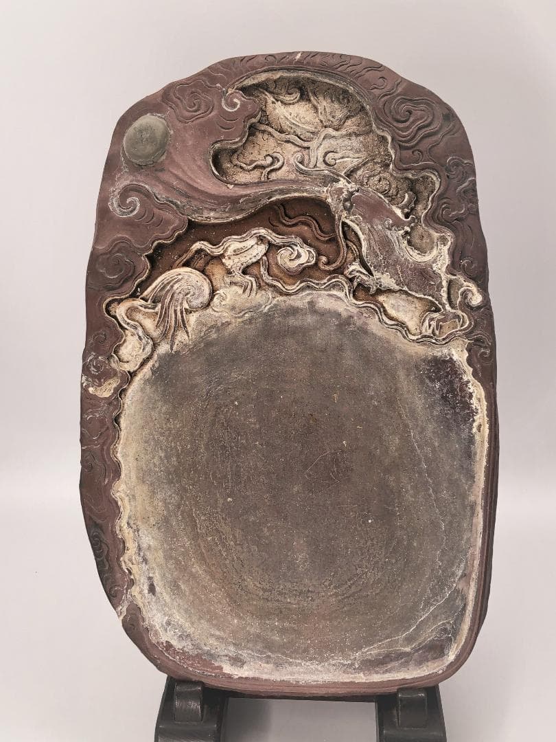 【 蝦頭紅澄泥硯 】　尺三（39.4ｃｍ）　雲龍彫　陰詩刻　中華古玩