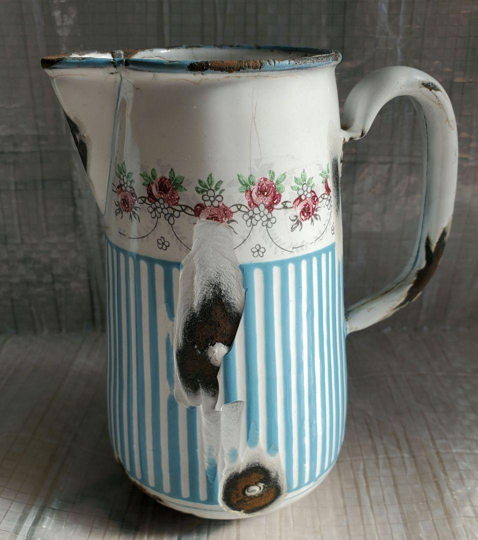 フランス　アンティーク　ホーロー　ジャグ　BB社　ローズガーランド　セット