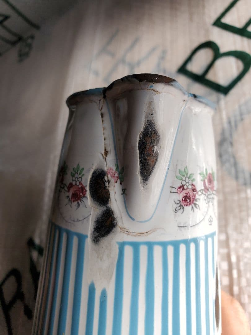 フランス　アンティーク　ホーロー　ジャグ　BB社　ローズガーランド　セット