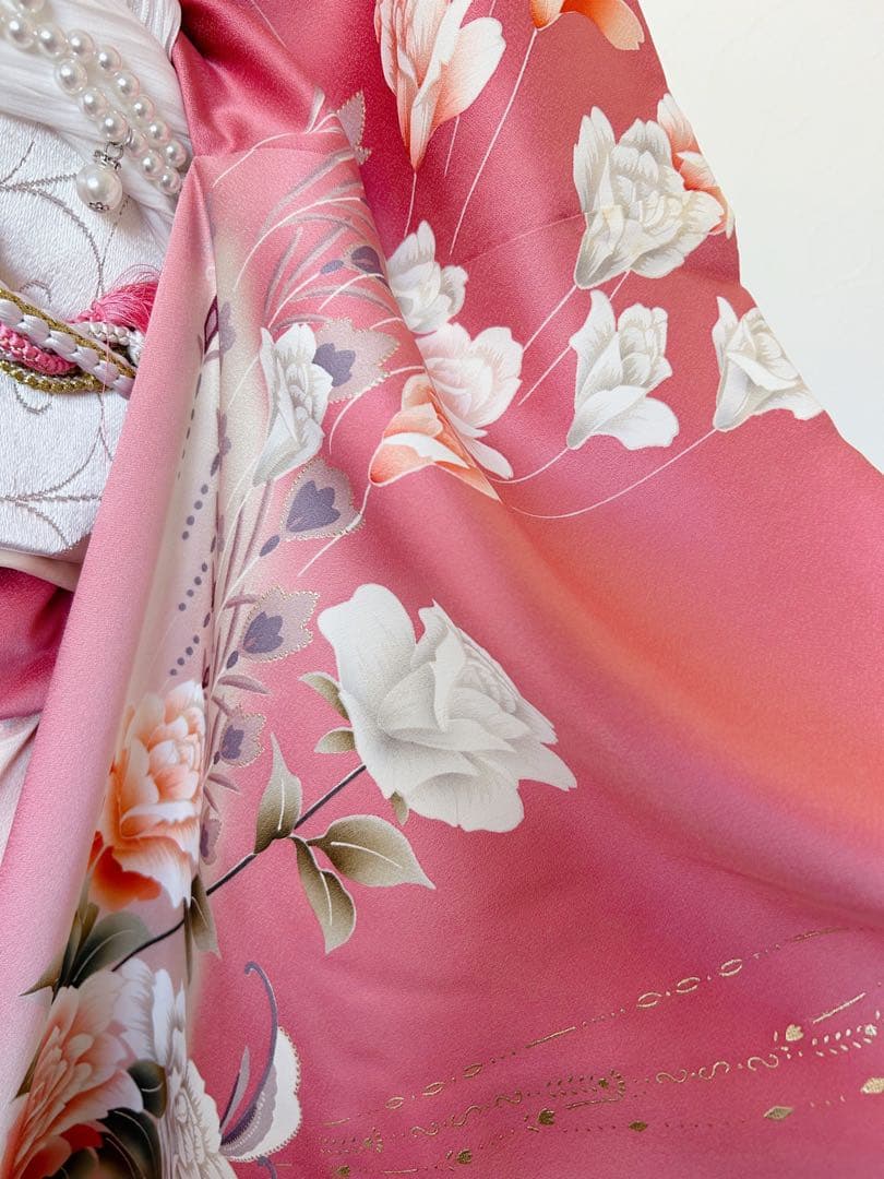 正絹振袖フルセット　豪華金彩　薔薇　パール姫　ピンク 花柄 振袖 絹