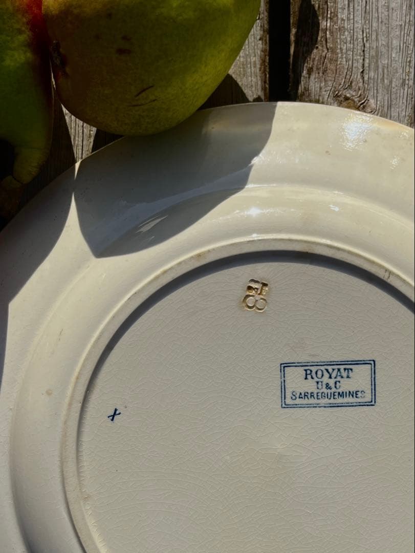 ◆フランスアンティーク｜サングミンヌ30cm大皿プレート花ボタニカル青緑陶器睡蓮