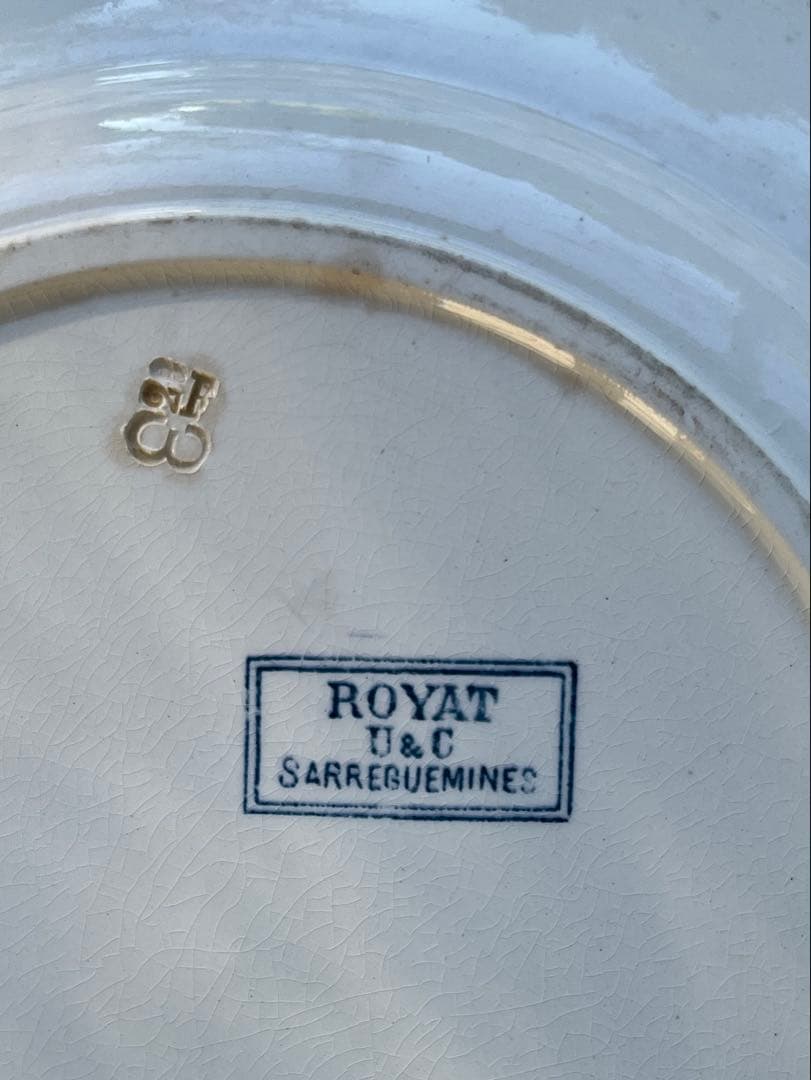 ◆フランスアンティーク｜サングミンヌ30cm大皿プレート花ボタニカル青緑陶器睡蓮