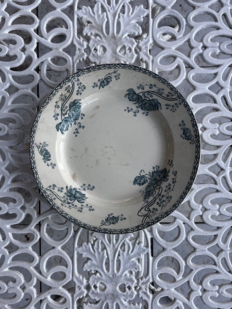 ◆フランスアンティーク｜サングミンヌ30cm大皿プレート花ボタニカル青緑陶器睡蓮