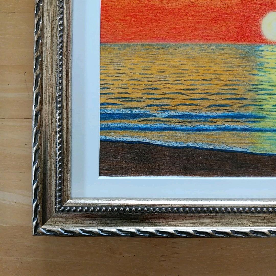 絵画色鉛筆風景画『夕日の海』原画