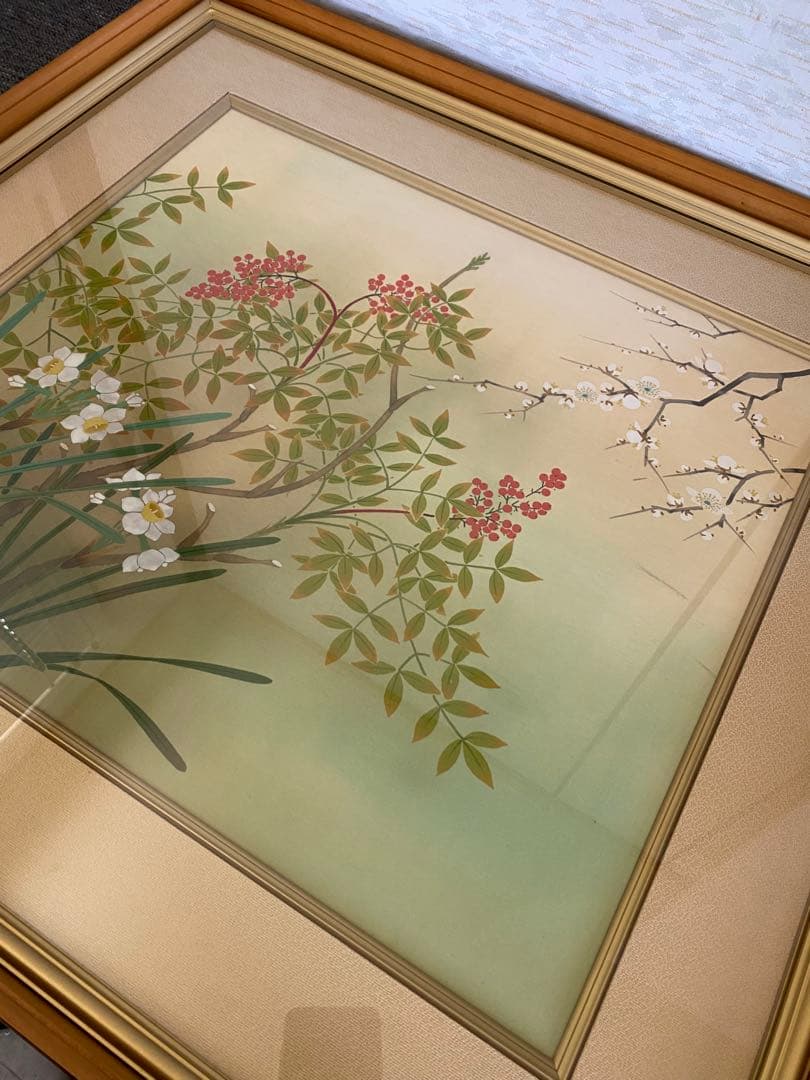 絹本　額縁　南天