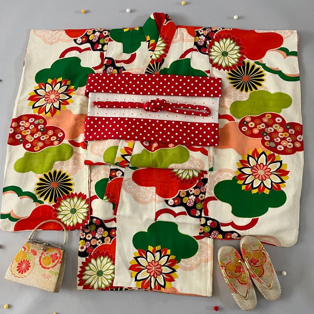 七五三　小さめ7歳さん〜6歳　アンティークお着物セット　半幅帯コーデ