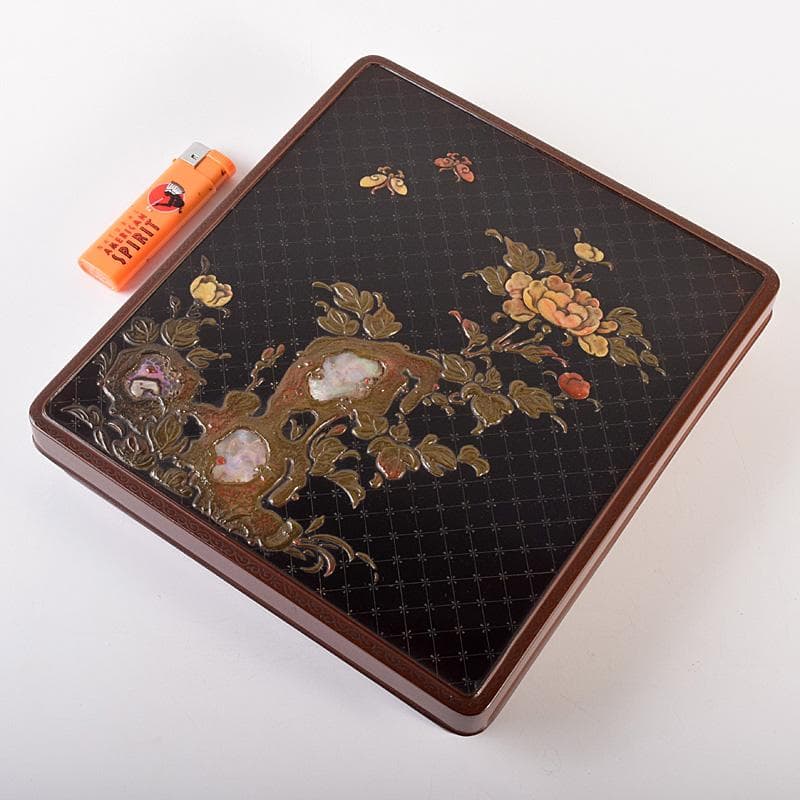 書道具　黒漆　玉石螺鈿装飾　花蝶文　硯箱　時代箱付　G　R7807