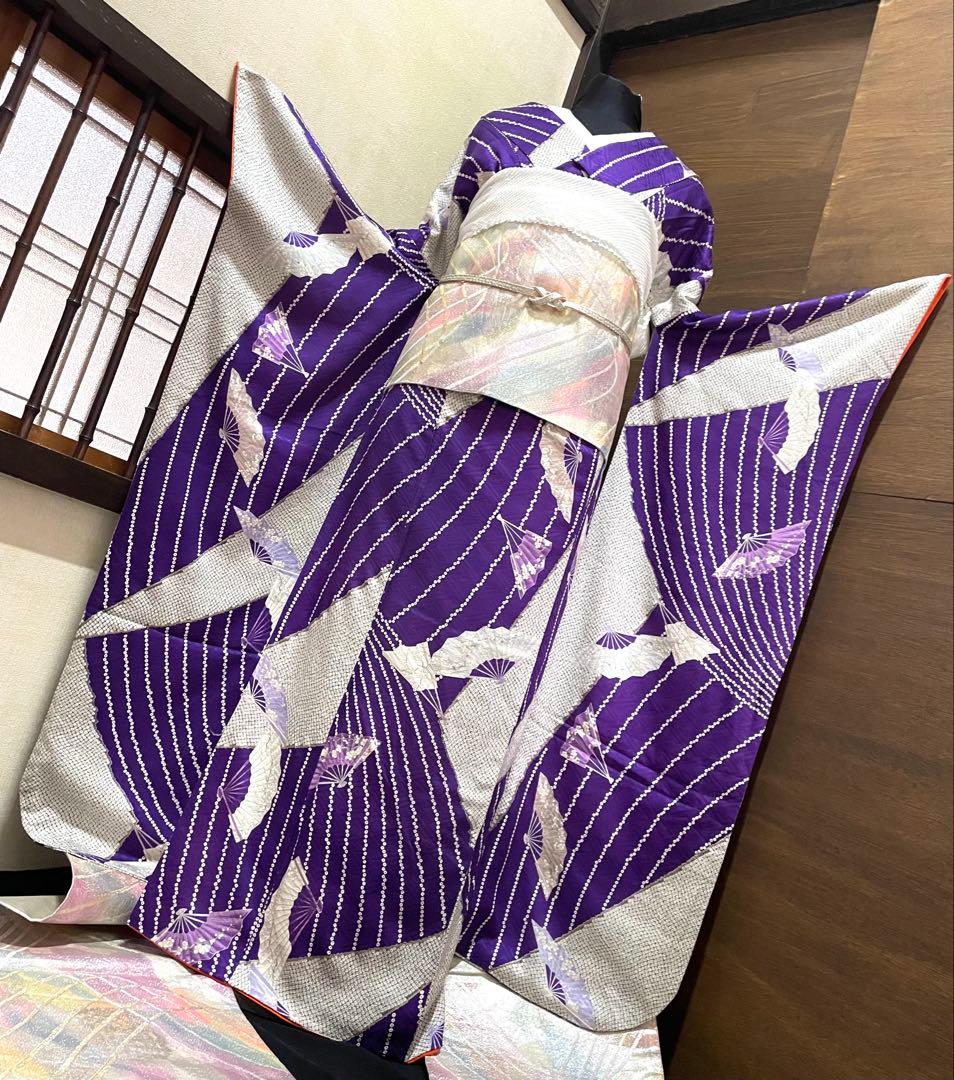 振袖フルセット6点サイズM〜Ｌ檜扇花文　鹿の子　金彩　正絹