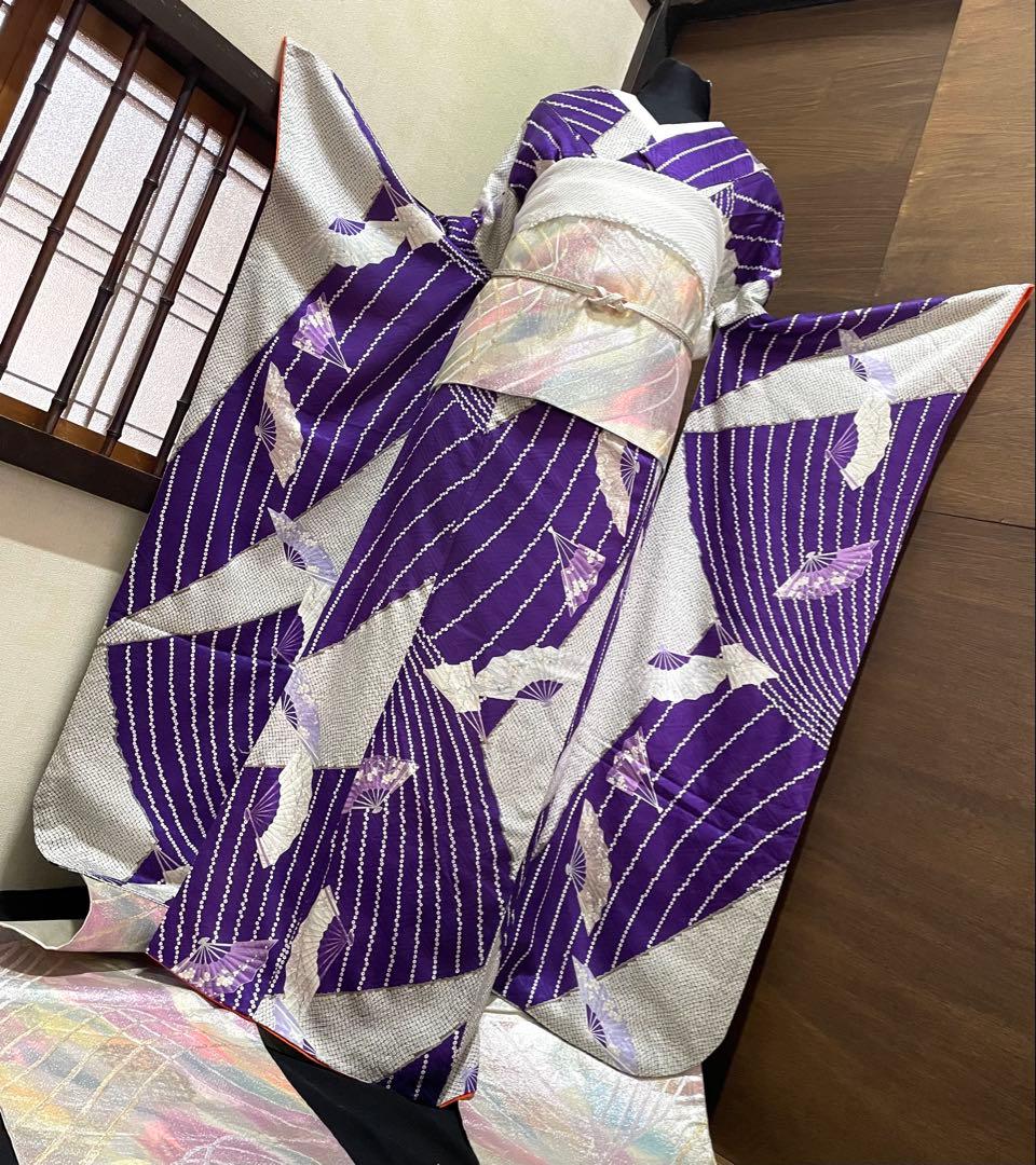 振袖フルセット6点サイズM〜Ｌ檜扇花文　鹿の子　金彩　正絹