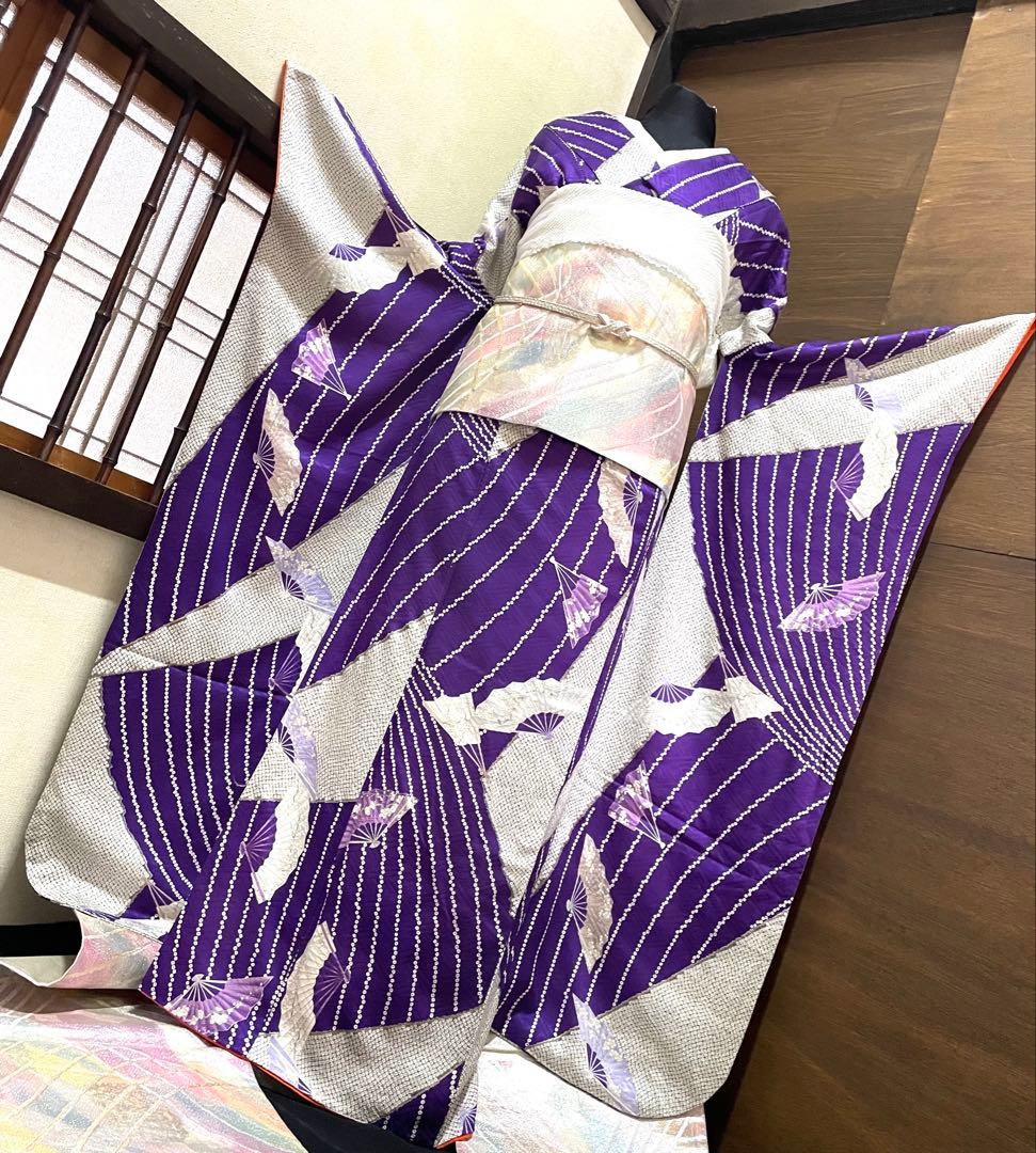 振袖フルセット6点サイズM〜Ｌ檜扇花文　鹿の子　金彩　正絹