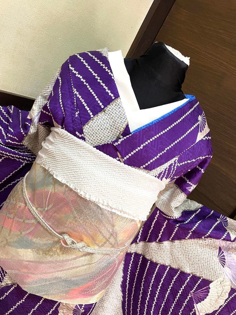 振袖フルセット6点サイズM〜Ｌ檜扇花文　鹿の子　金彩　正絹