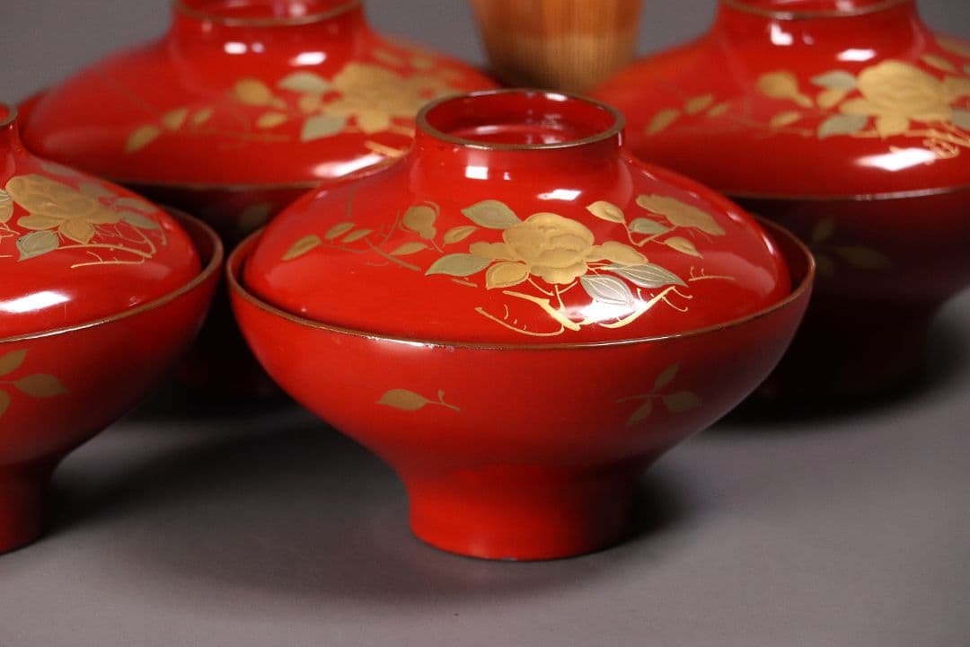 漆芸 明治大正 時代蒔絵椀 五客 天然木 草花 朱塗 金蒔絵【MA358】