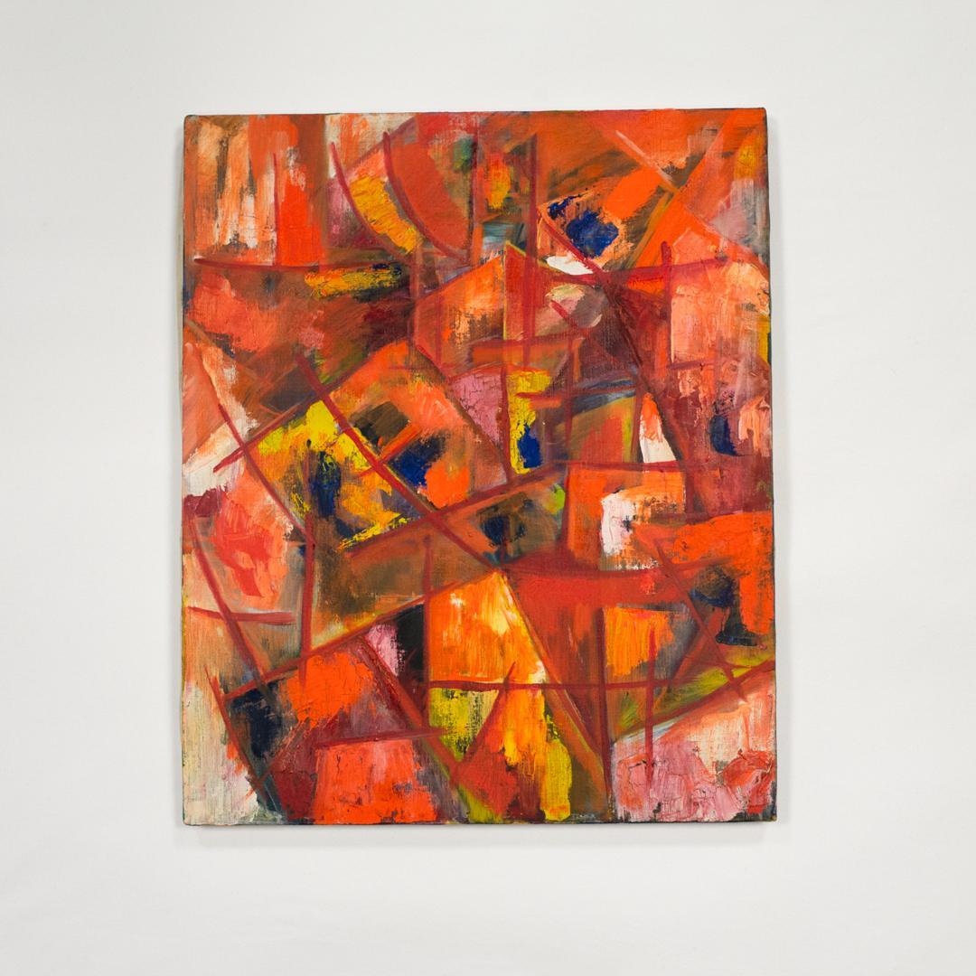 油彩画　赤いキュビズムの少女　ファッションデザイナー新見久志作