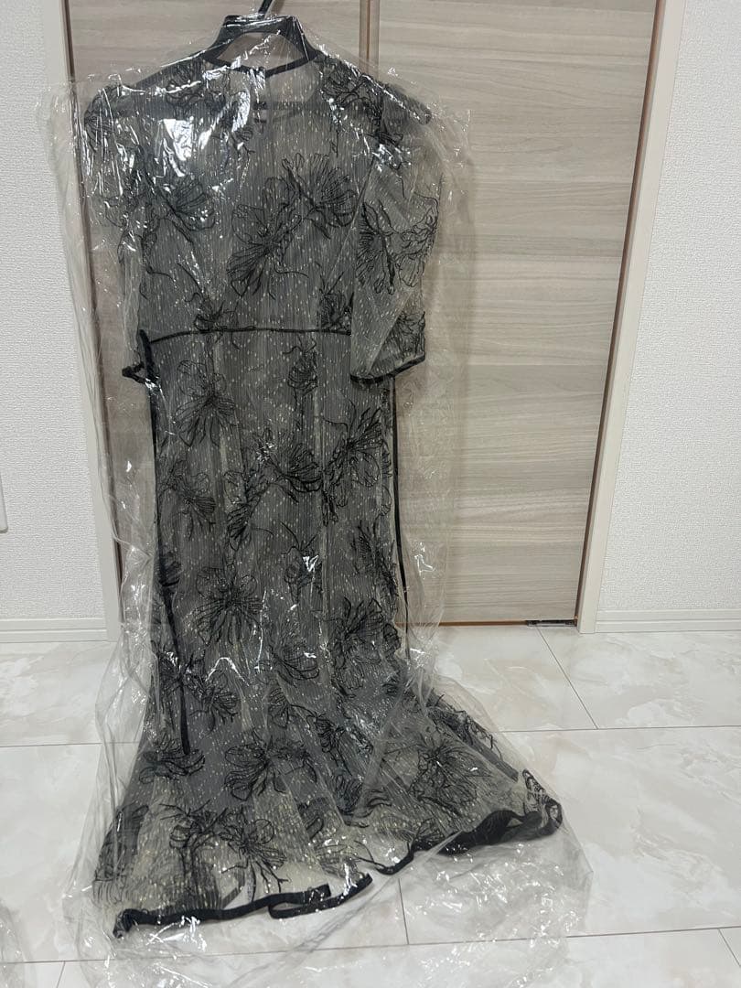 leja 花柄リボンパフスリーブマーメイドワンピースドレス　blue s