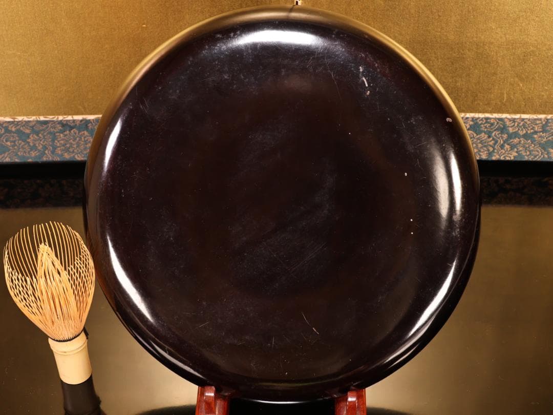 BK419　時代輪島塗　春草家門金蒔絵　丸盆　煎茶盆　菓子盆　三客　大聖寺　吸物