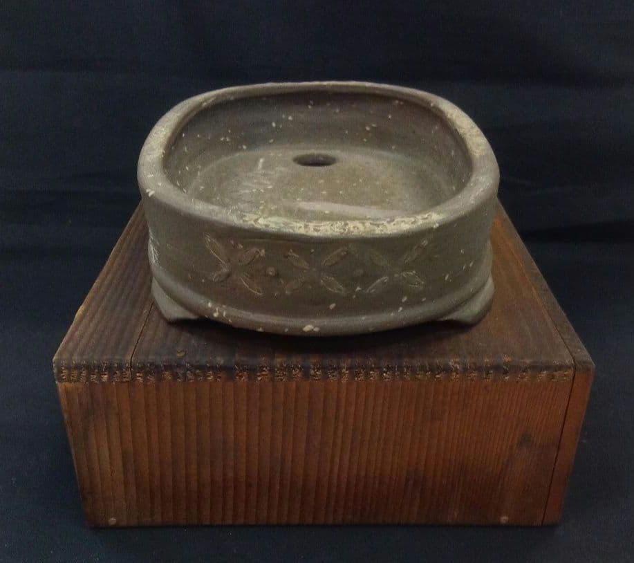 008.【烏泥】山水/楕円盆栽鉢/木箱付き