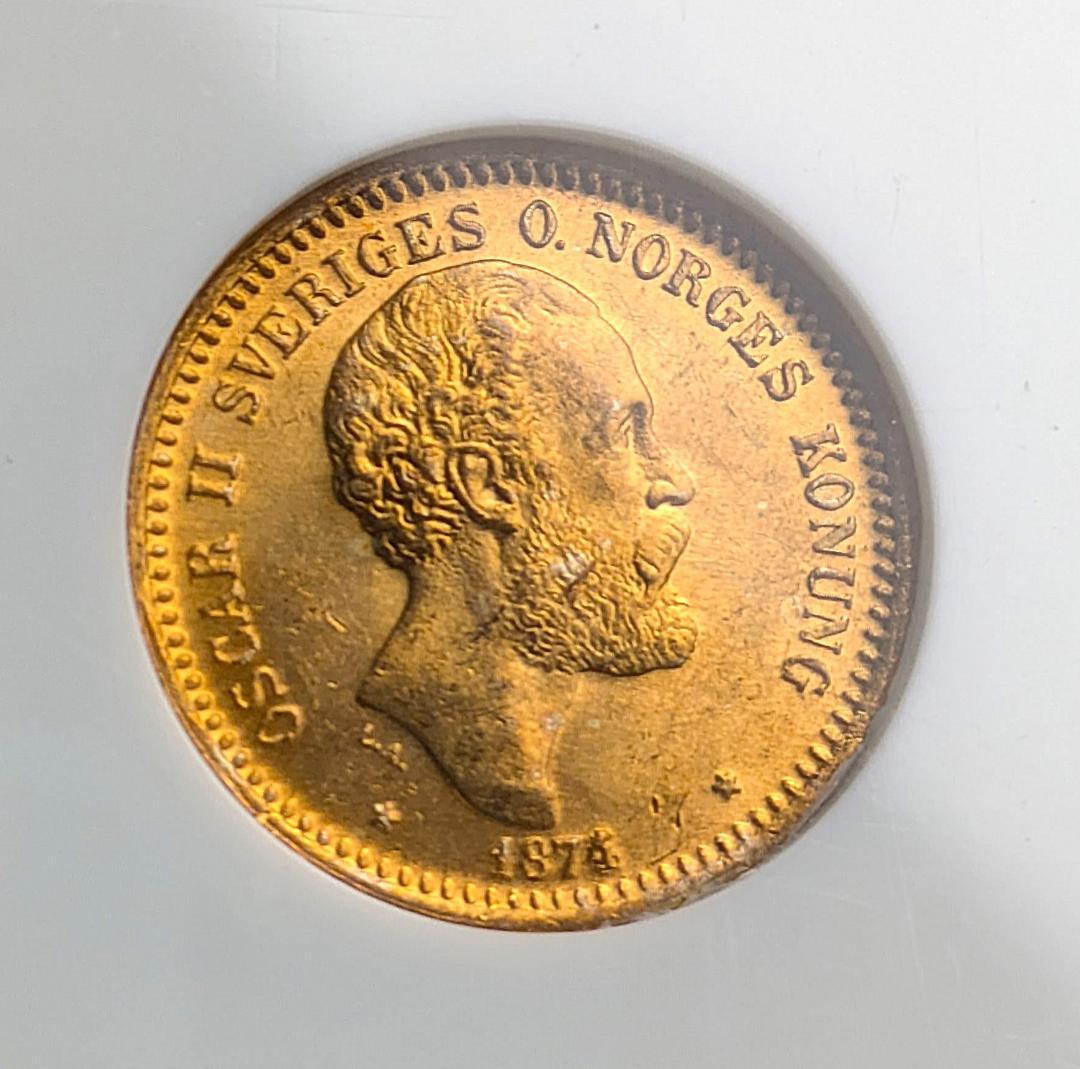 1874年 スウェーデン オスカル2 10クローネ金貨 NGC MS65 金上昇