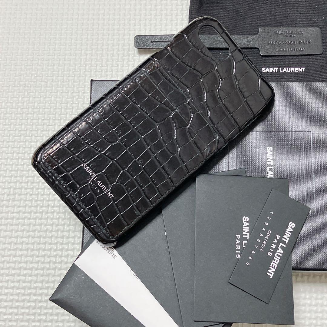 希少　SAINT LAURENT スマホ ケース　黒　クロコ型押し　箱袋付き