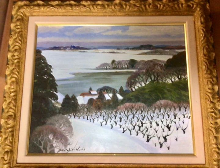 塗師祥一郎　ぬししょういちろう 雪の湖畔　 F10 油彩 額装　箱付　黄布袋