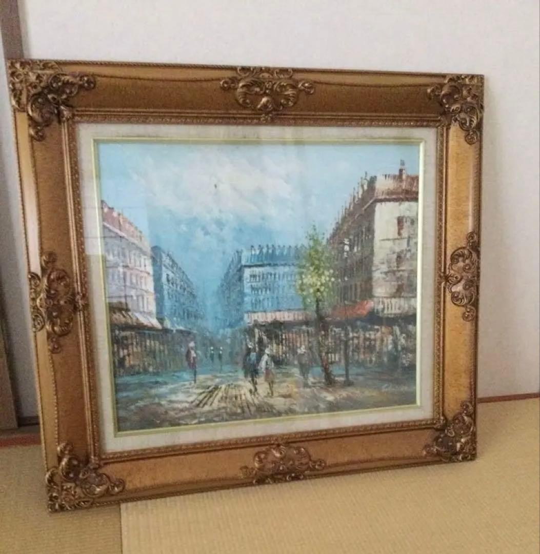 金縁フレームの油彩画 街の風景