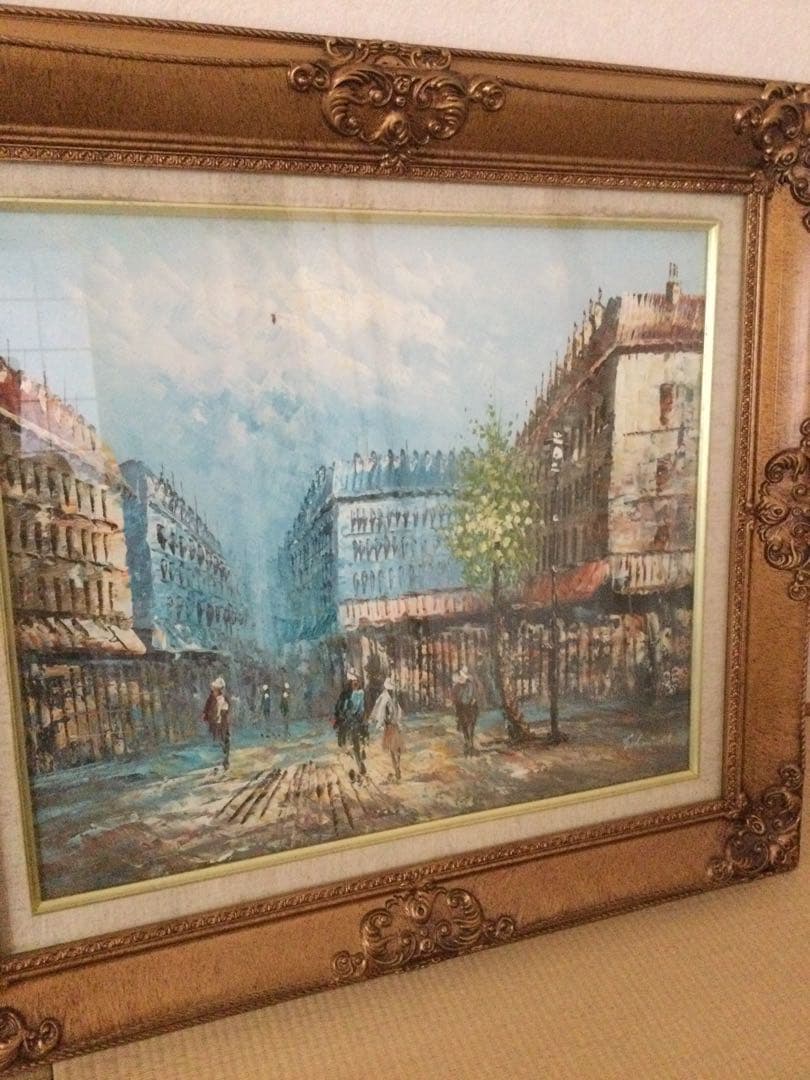 金縁フレームの油彩画 街の風景