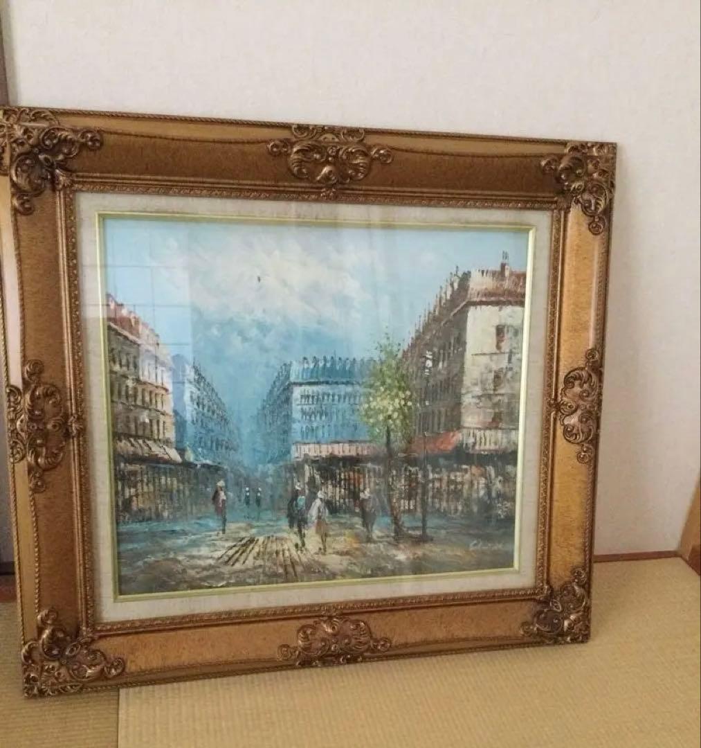 金縁フレームの油彩画 街の風景