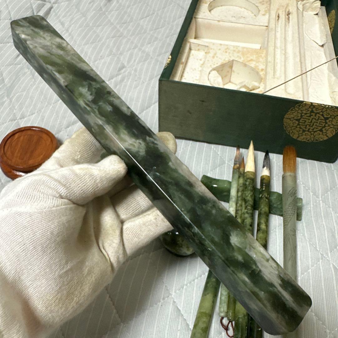 中国美術 和田碧玉 青玉筆 筆入れ 筆筒 書道具セット時代物　原箱付きまとめ