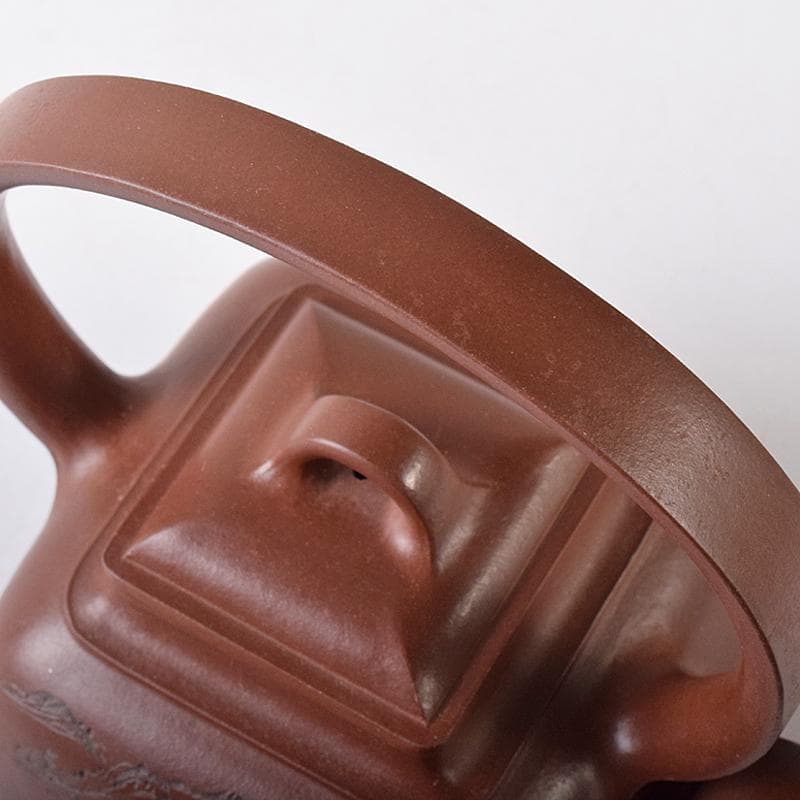 pretty　中国　紫砂朱泥　山水文　四方急須　茶壷　在銘　V　R8216